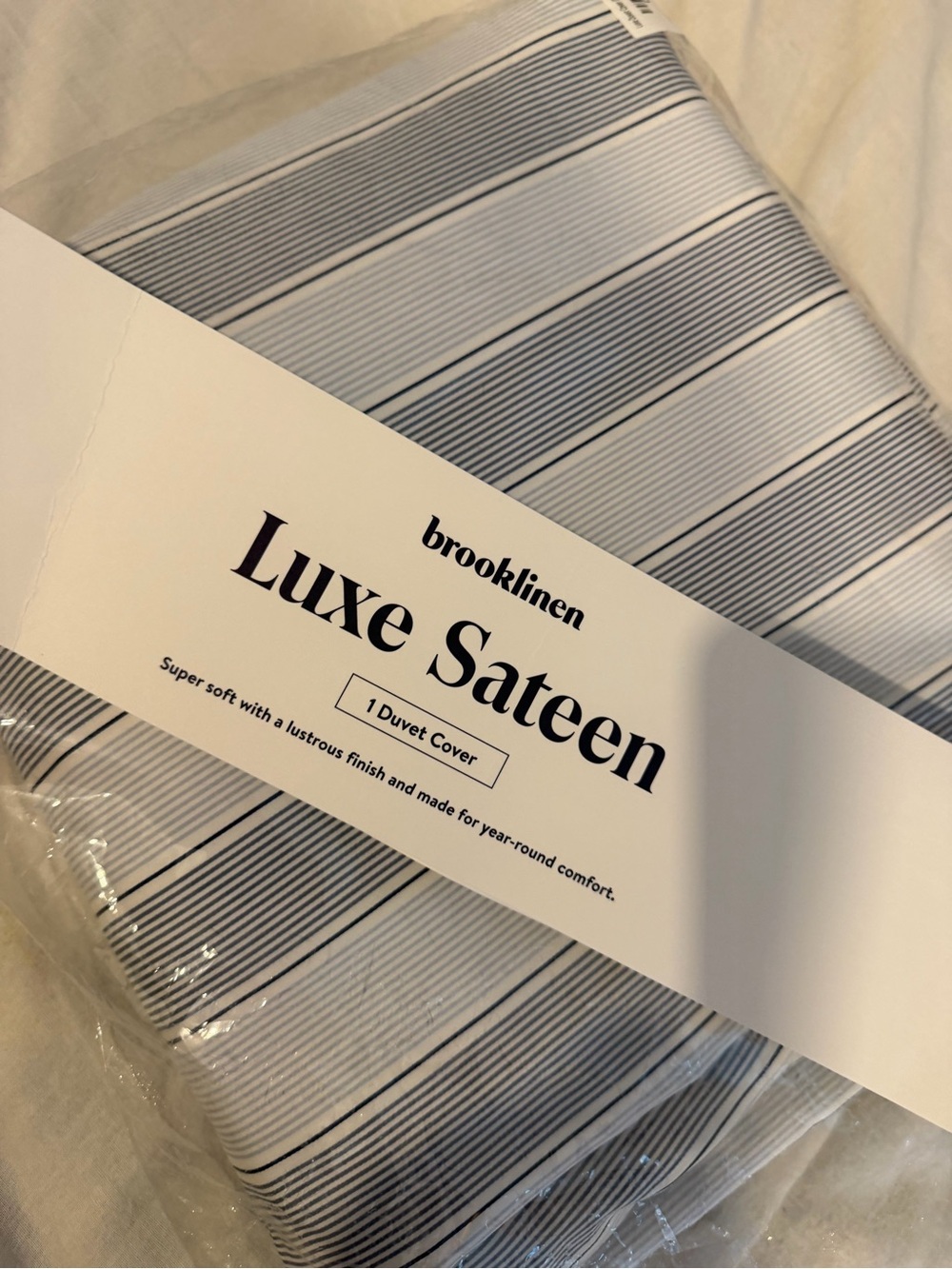 Brooklinen Luxe Sateen Threaded Stripe Duvet Cover in Storm Blue and White